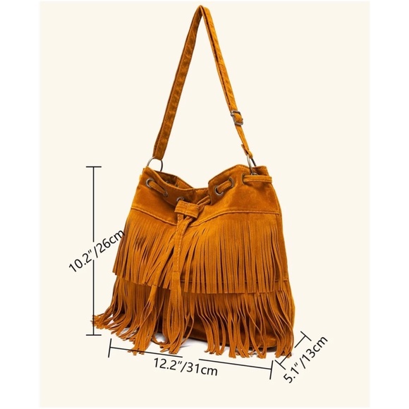 Bohemian Fringe Drawstring Crossbody Tote Bag - Picture 4 of 9